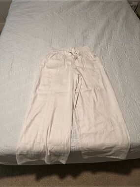 Anthropologie Cream Wide-Leg Linen Blend Pants
